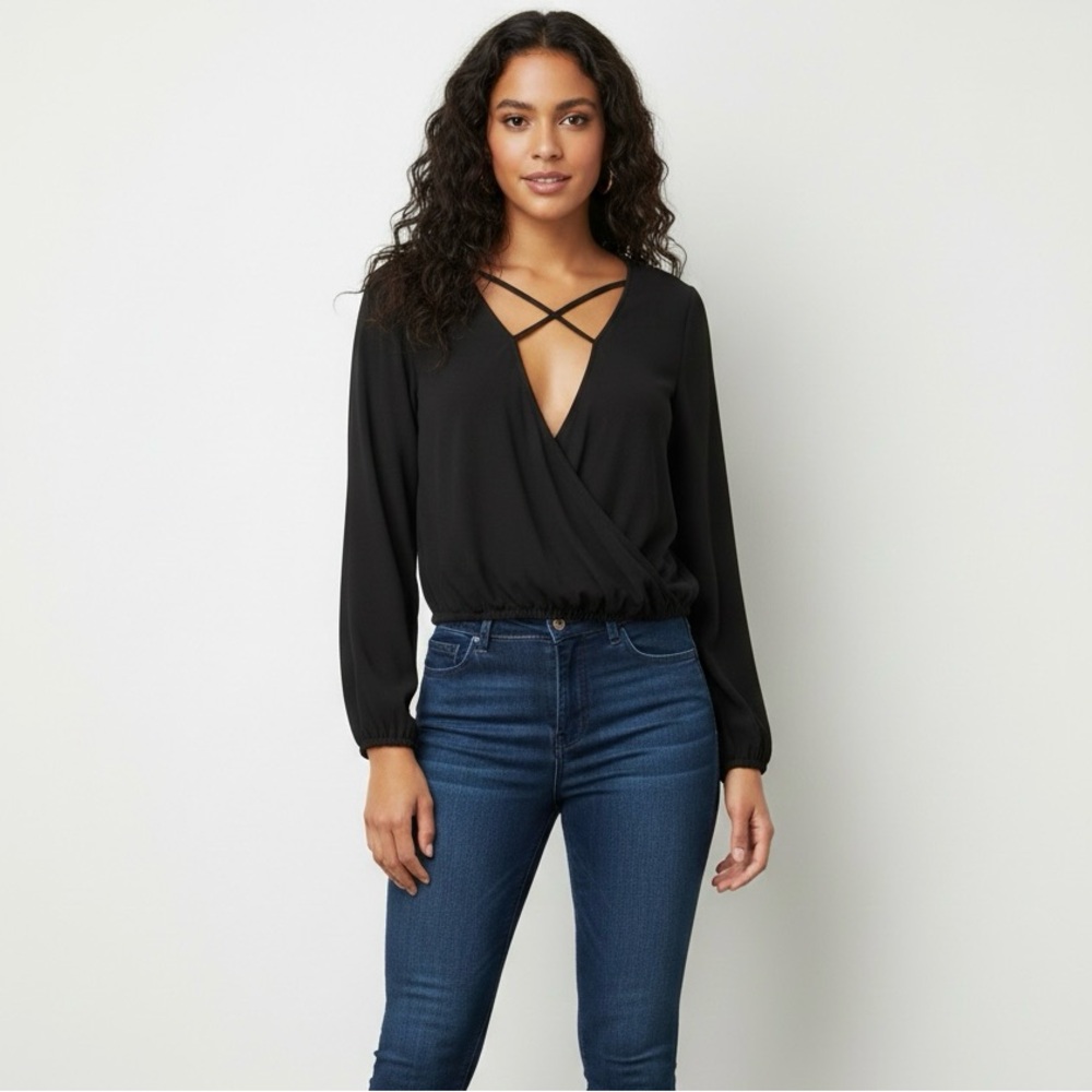 Fashion Nova Black Long-Sleeve Criss-Cross Wrap V-Neck Blouse – Size L